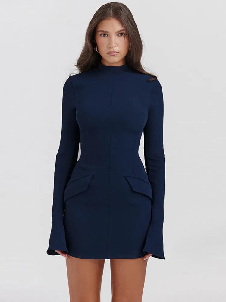 BlueElegance - Long Sleeve Club Party Dress - Sereni Femme